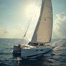 Luxurious White Sailboat Cruising on Open Sea Under Bright Sun