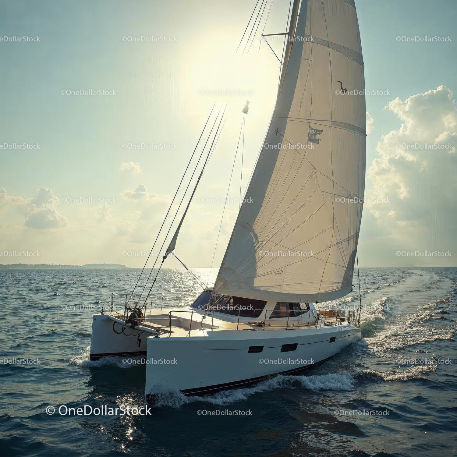 Luxurious White Sailboat Cruising on Open Sea Under Bright Sun