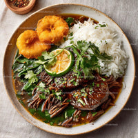 Delicious Beef Stew with Rice and Fresh Vegetables