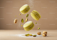 Floating pistachio macarons with powdered sugar sprinkle