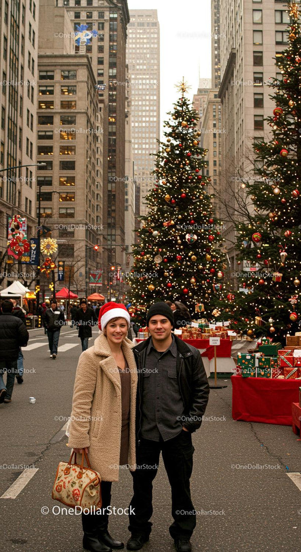 Couple enjoying festive street with Christmas trees