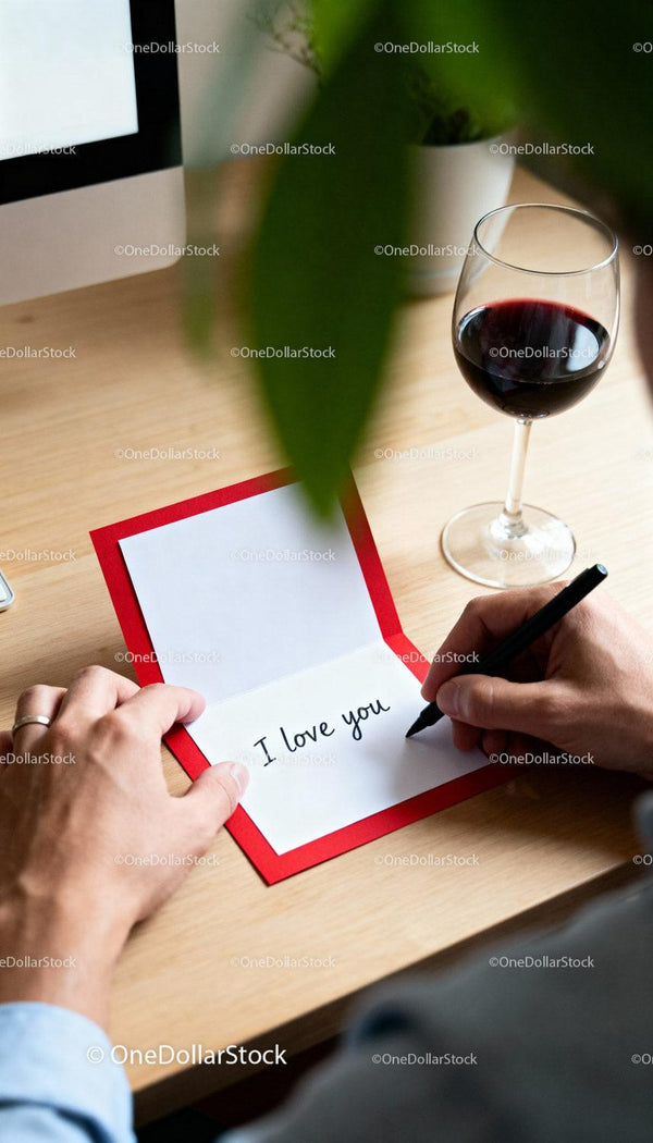 Man writing romantic message on Valentine card
