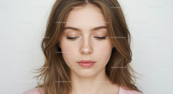 Portrait of Elegant Young Woman with Closed Eyes and Soft Makeup