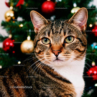 Close up of tabby cat with Christmas tree decorations