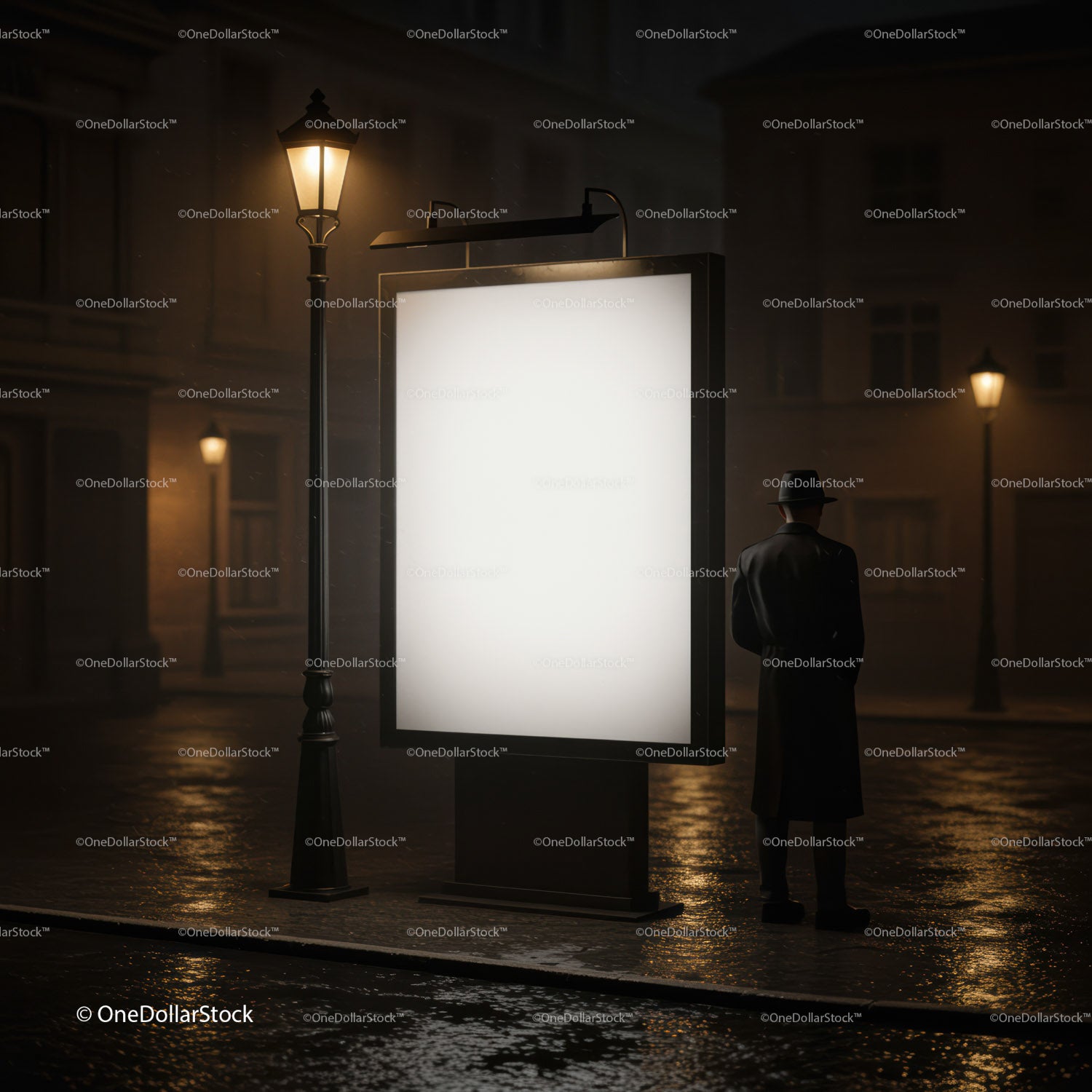 Tajemniczy mężczyzna w płaszczu przeciwdeszczowym przy oświetlonym billboardzie