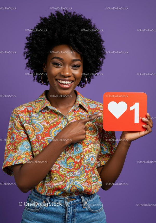 Joyful African American Woman Holding Social Media Like Icon