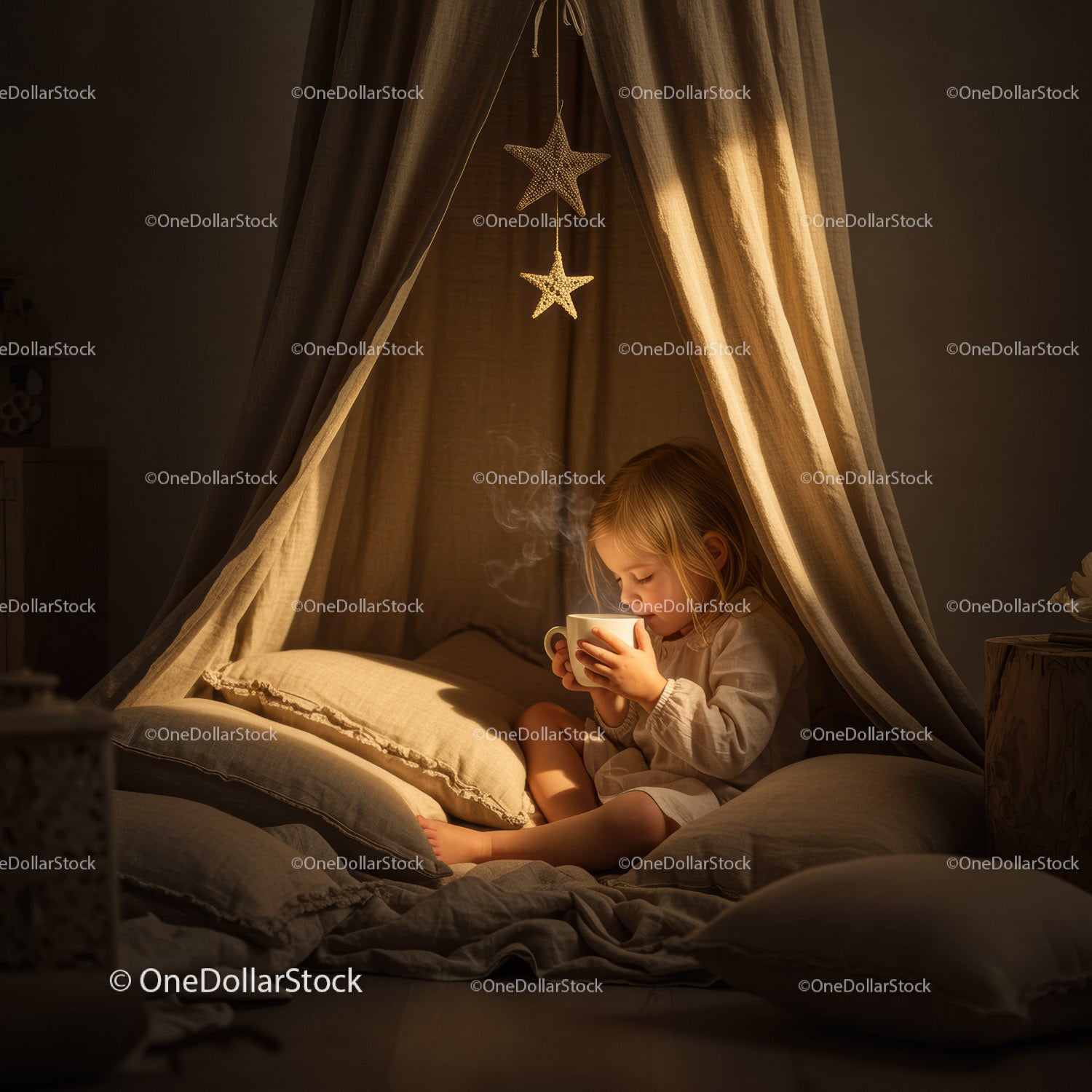Little girl enjoying warm drink in cozy tent nook