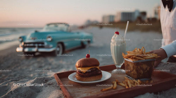 Nadmorskie Fast Foody na Świeżym Powietrzu z Klasycznym Samochodem i Vintage Klimatem