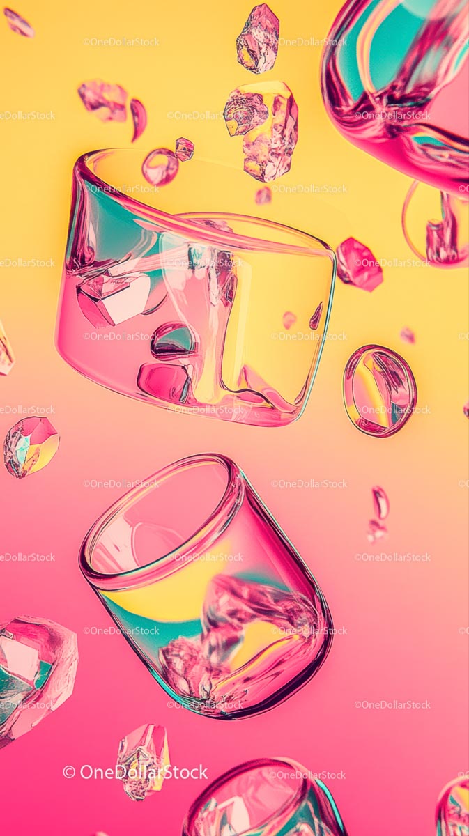 Vibrant Ice Cubes and Glassware with Colorful Beverage
