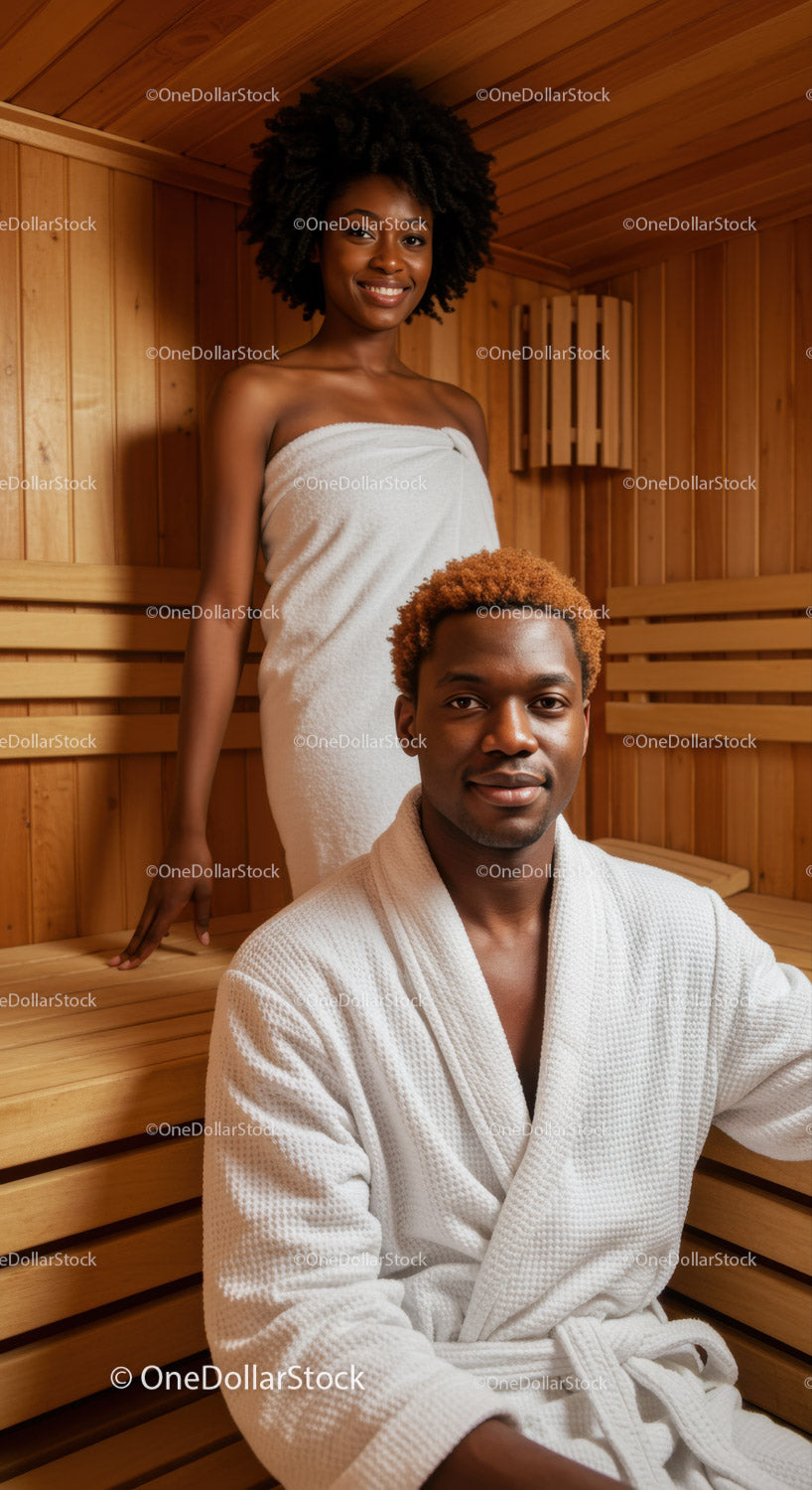 Couple Relaxing in a Wooden Sauna with Comfortable Spa Attire