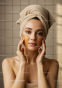 Young Woman with Towel on Head Applying Facial Mask in Spa