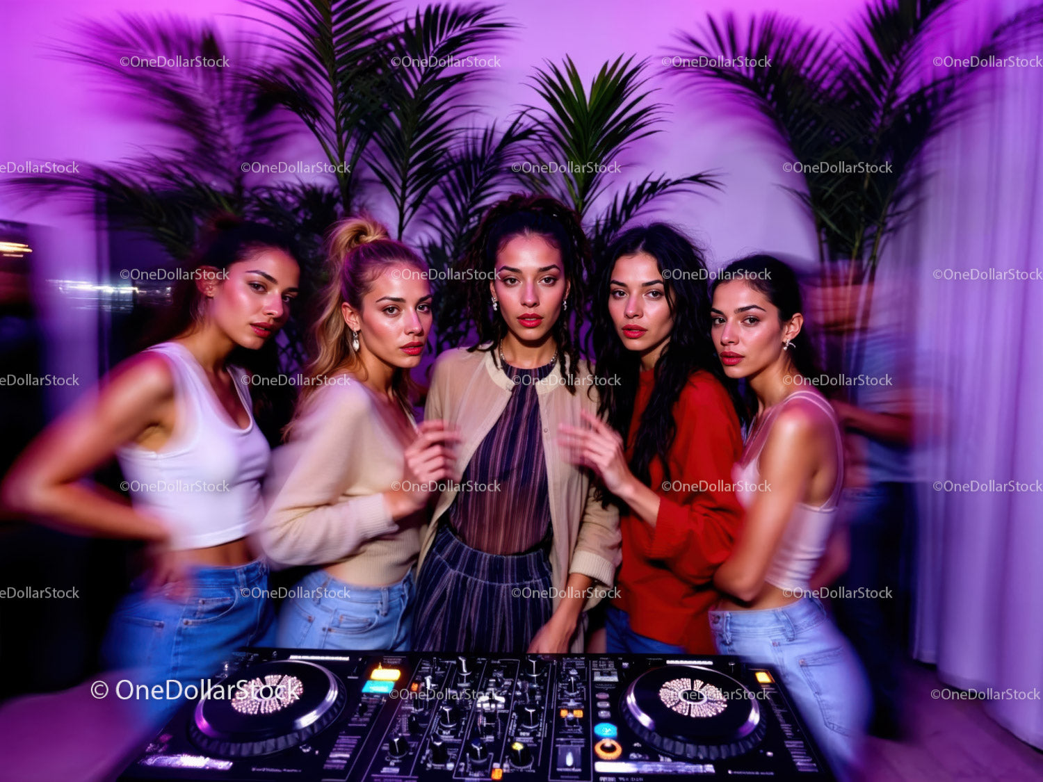 Vibrant Nightclub Scene with Stylish Women and DJ Equipment