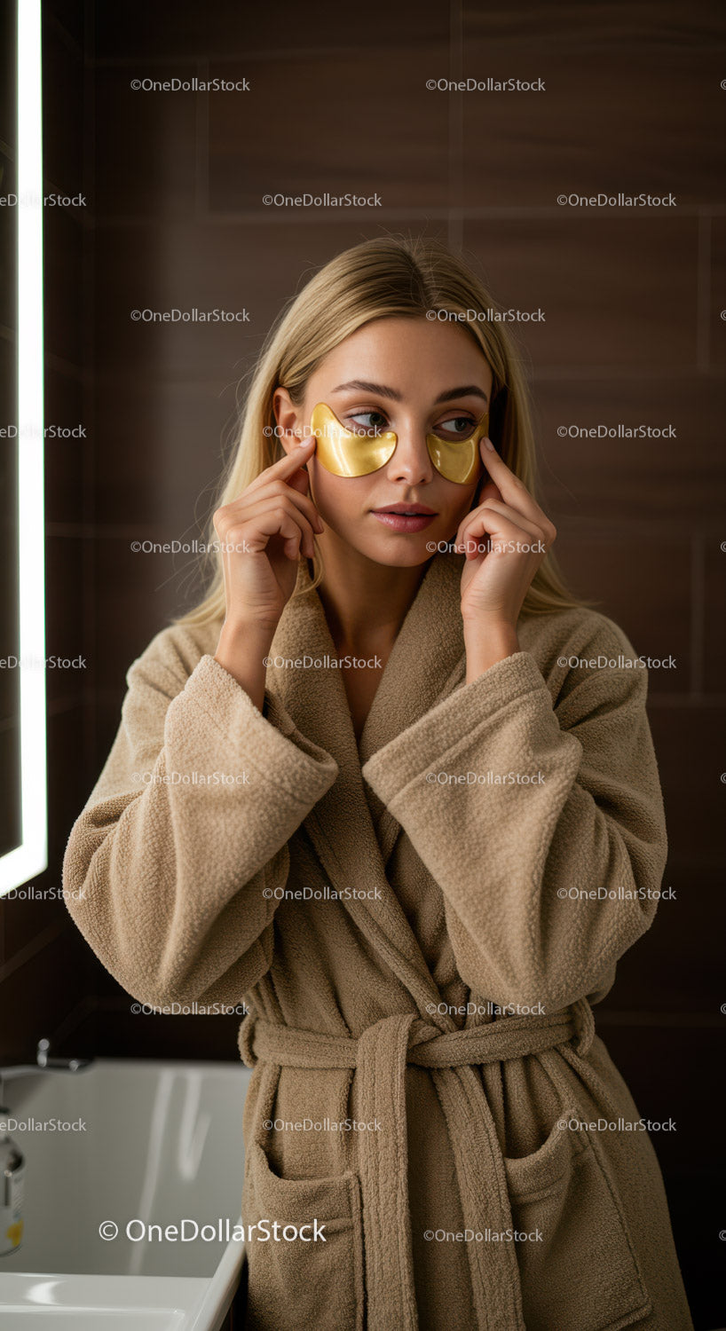 Relaxing Woman Using Gold Eye Masks in Spa Setting for Skin Rejuvenation