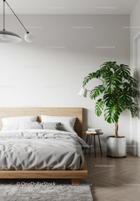 Modern Bedroom Interior with Monstera Plant and Minimalist Decor