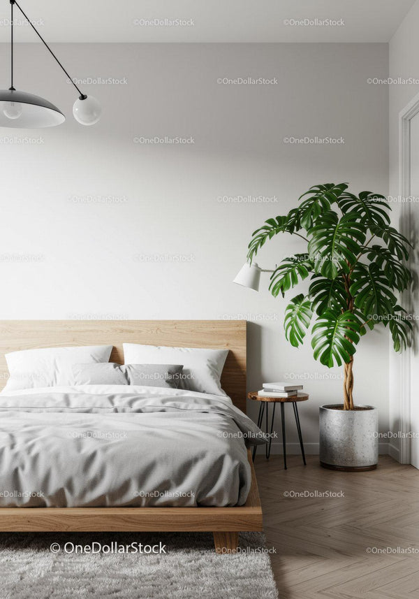 Nowoczesna Sypialnia z Rośliną Monstera i Minimalistycznym Wyposażeniem