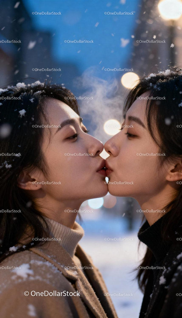 Young couple sharing a tender kiss on snowy evening