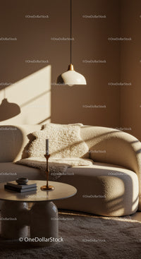 Cozy corner with soft curved sofa and warm lighting