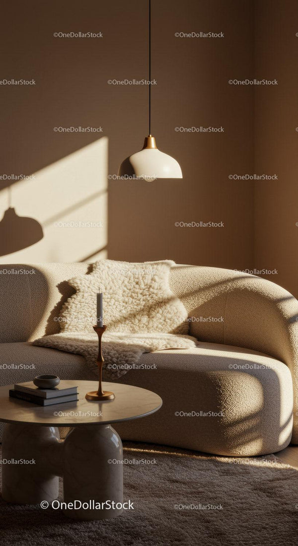 Cozy corner with soft curved sofa and warm lighting