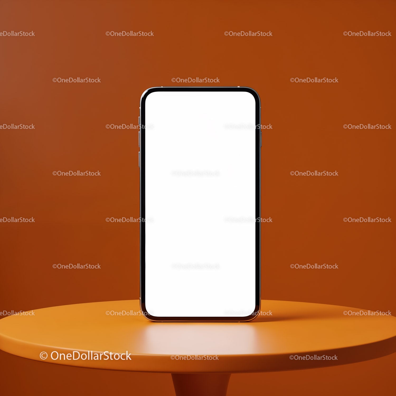 Smartfon z pustym ekranem na pomarańczowym tle stołu
