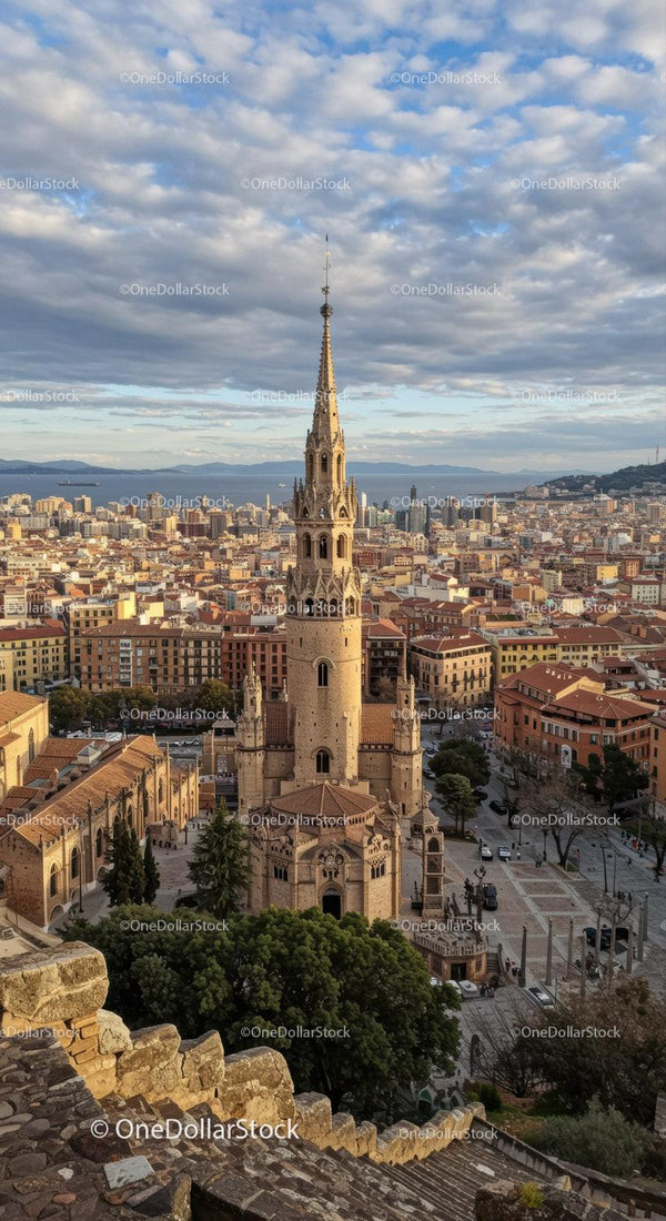 Historic Gothic Tower Overlooking Urban City Near Coastline