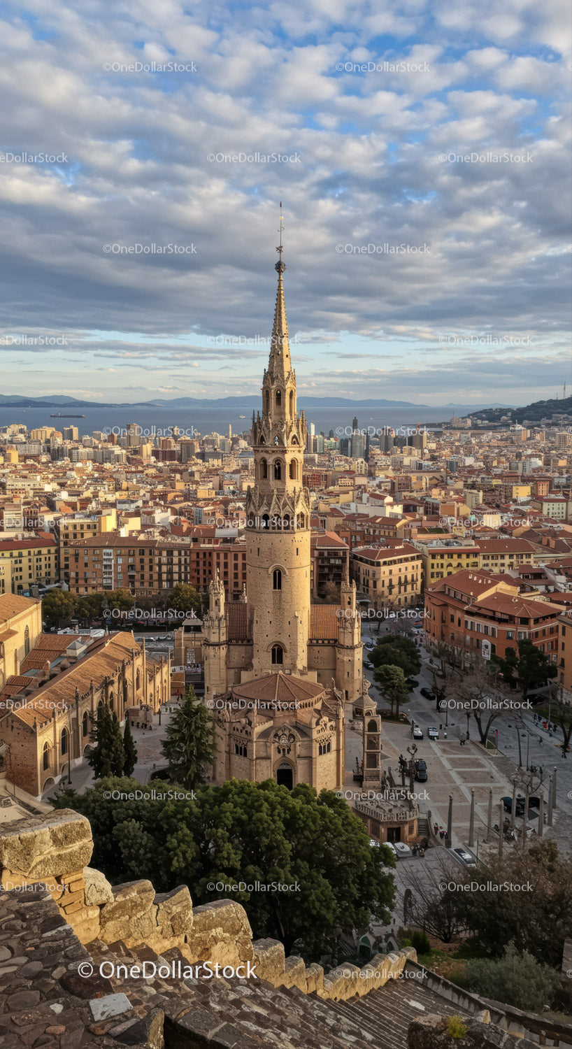 Historic Gothic Tower Overlooking Urban City Near Coastline