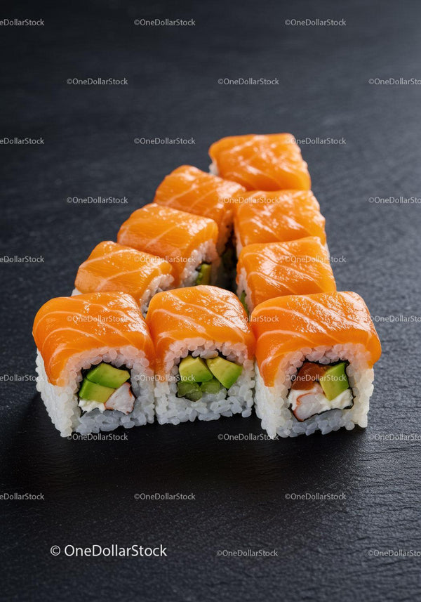 Fresh salmon sushi rolls with avocado on dark surface