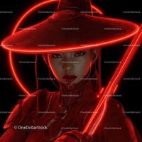 Futuristic Samurai in Neon Red Armor Holding Umbrella