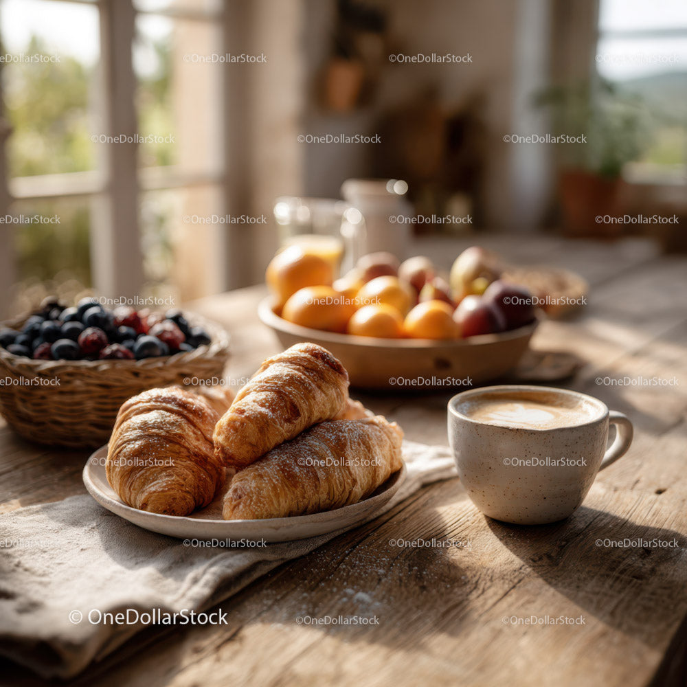 Rustic Kitchen Morning Scene with Croissants Coffee and Fresh Fruit
