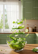 Fresh green salad ingredients in midair over glass bowl