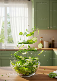 Fresh green salad ingredients in midair over glass bowl