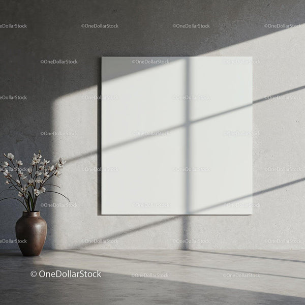 Minimalist room with ceramic vase and blank canvas JPG Mockup Image