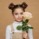 Young Girl with Pale Peach Rose Portrait on Soft Beige Background