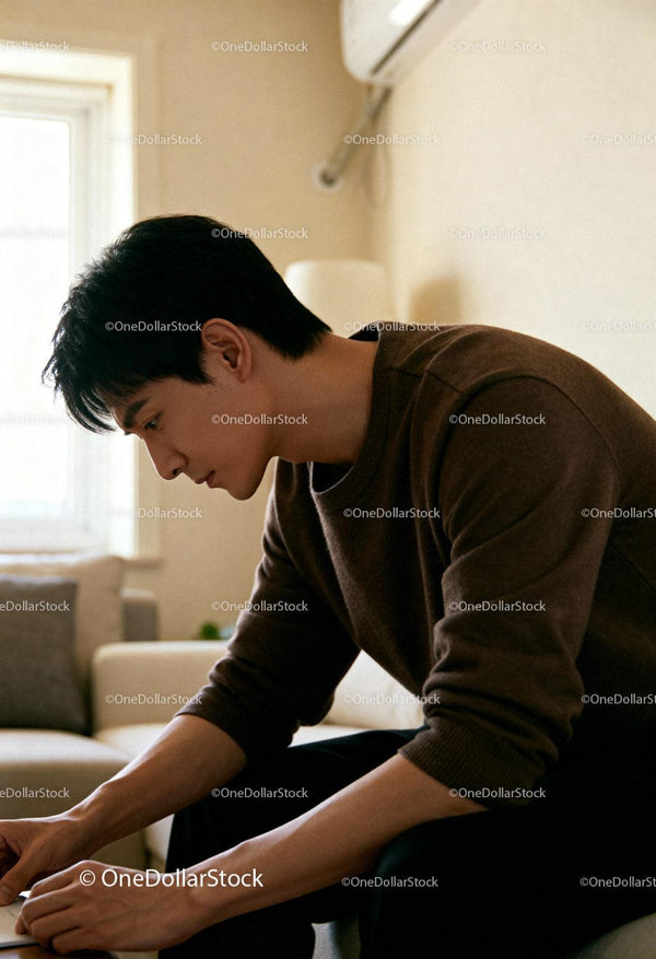 Focused young man working on laptop in cozy living room