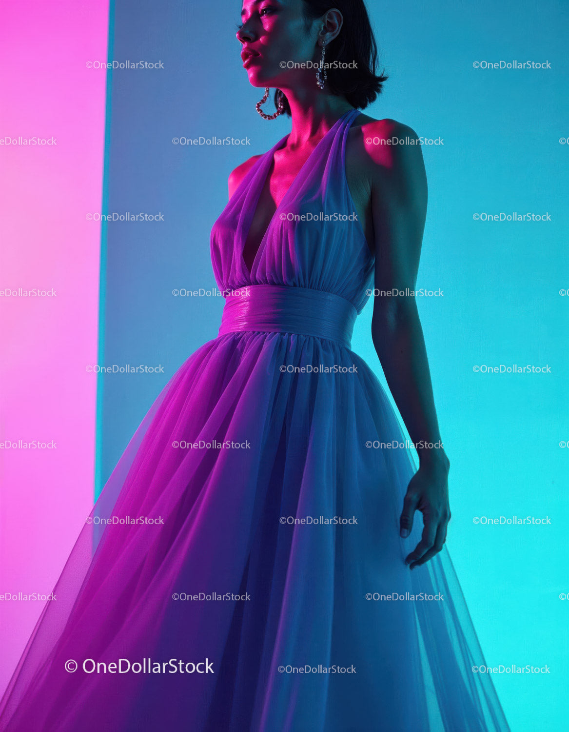 Vibrant Neon Fashion Portrait of Elegant Woman in Stylish Dress