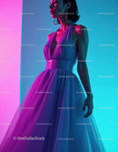 Vibrant Neon Fashion Portrait of Elegant Woman in Stylish Dress
