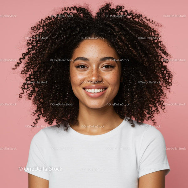 Portrait of a Smiling Woman with Curly Hair Against Pink Background