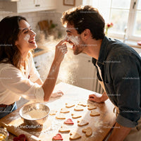 Couple playfully baking heart shaped cookies together