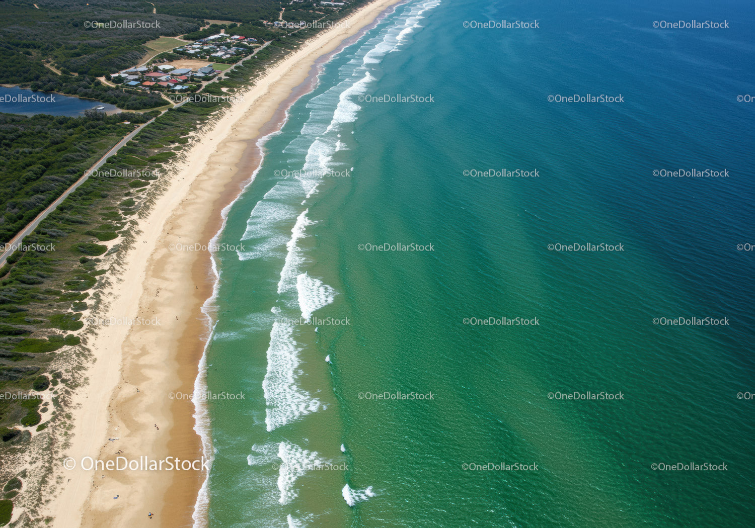 Aerial View of Turquoise Ocean and Sandy Beach with Coastal Vegetation