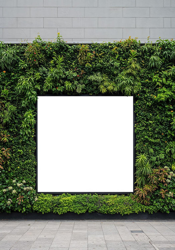 Blank Square Billboard Surrounded by Green Wall Plants JPG Mockup Image