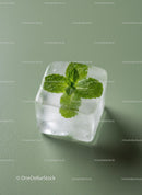 Fresh mint leaf frozen within a clear ice cube
