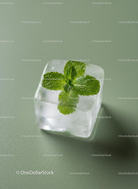Fresh mint leaf frozen within a clear ice cube