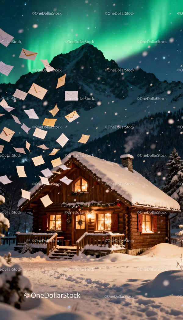 Cozy winter cabin under northern lights with floating letters