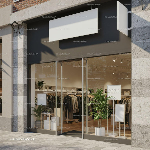 Modern Clothing Store Entrance with Stylish Display JPG Mockup Image