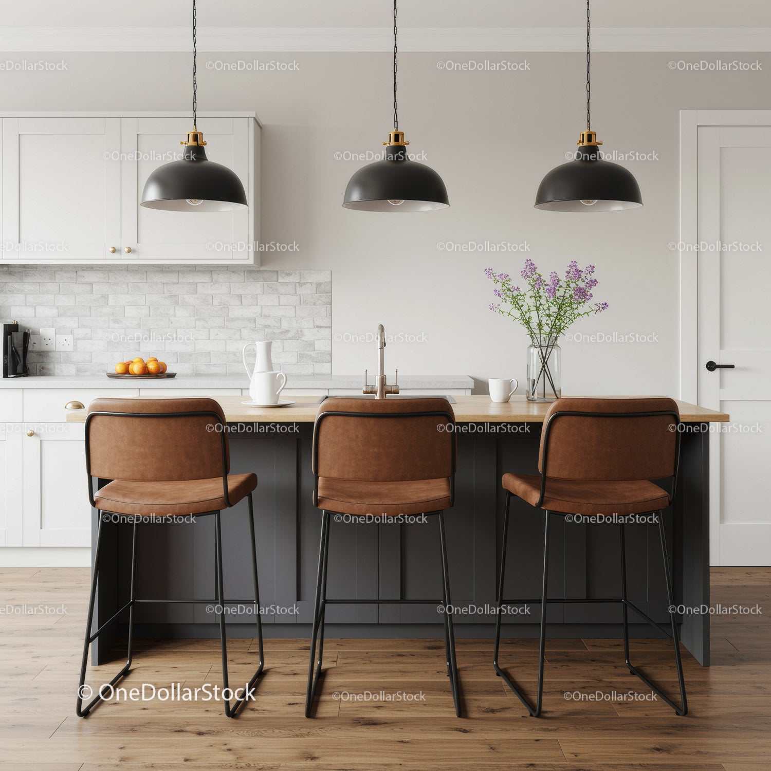 Contemporary Kitchen with Wooden Bar Stools and Black Pendant Lights