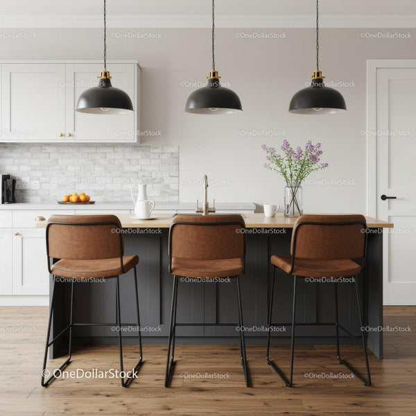 Contemporary Kitchen with Wooden Bar Stools and Black Pendant Lights