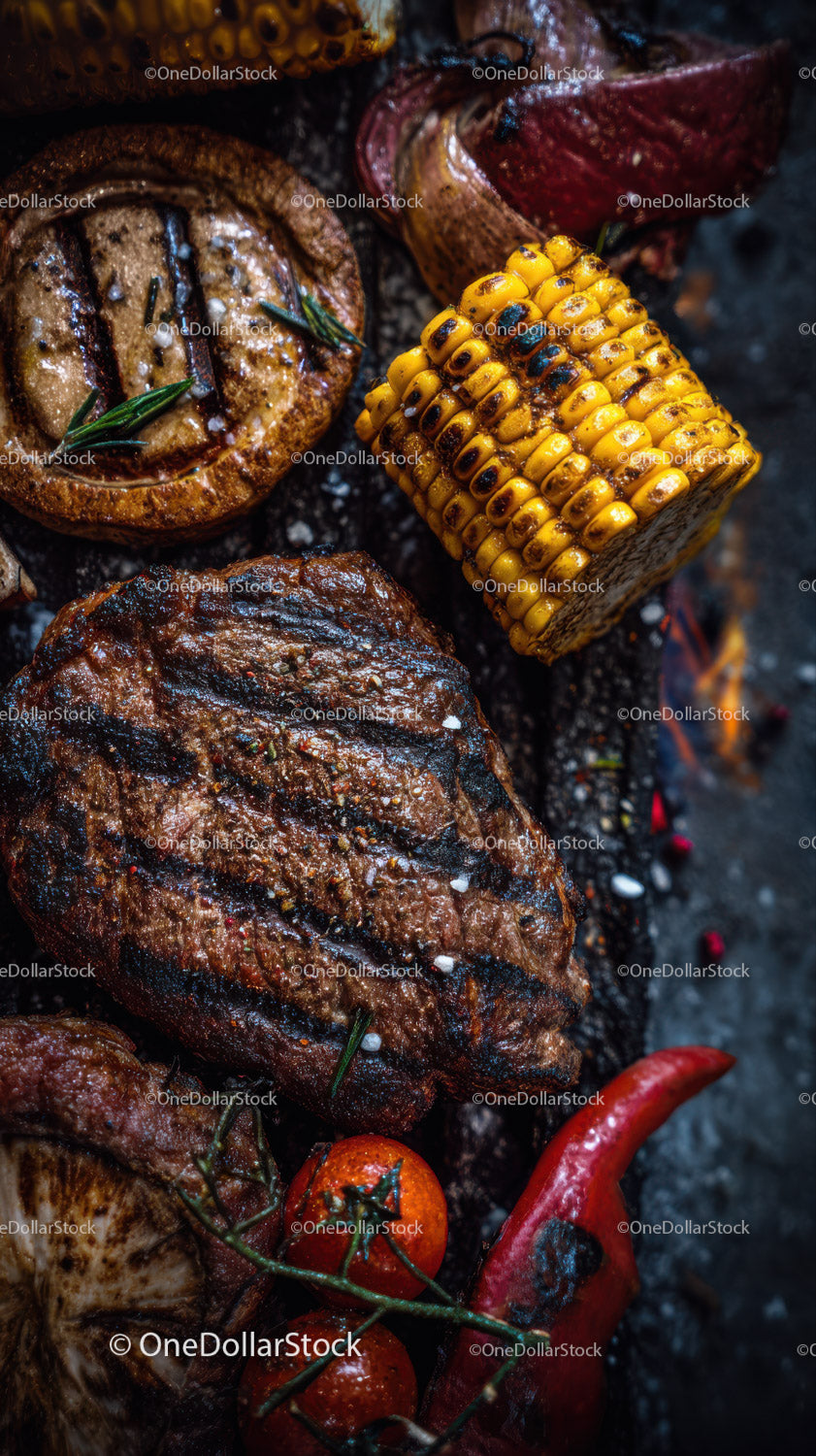Różne rodzaje grillowanego mięsa z kukurydzą, pomidorami i chili na grilla