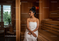 Young Woman Relaxing in Sauna Room with Wooden Interior