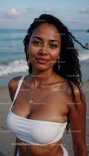Portrait of a Young Woman in White Bikini at the Beach