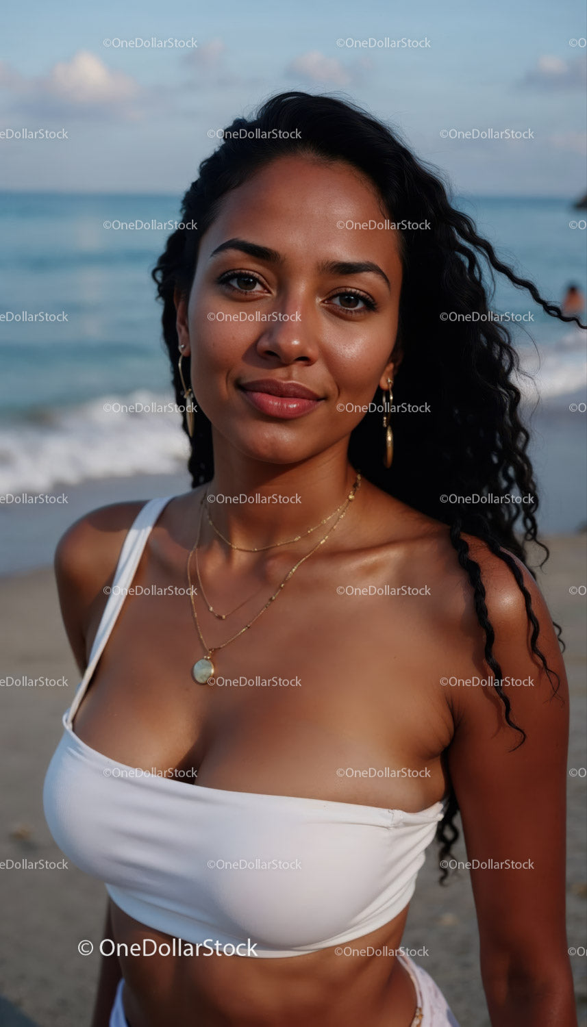 Portret młodej kobiety w białym bikini na plaży