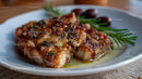 Herb-Crusted Baked Chicken with Garnish on a White Plate